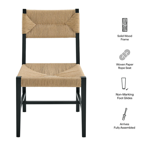 Modway Furniture Bodie Elm Wood Dining Chairs with Woven Paper Rope Seats for Farmhouse Tables Set Black EEI-7899-BLK-NAT