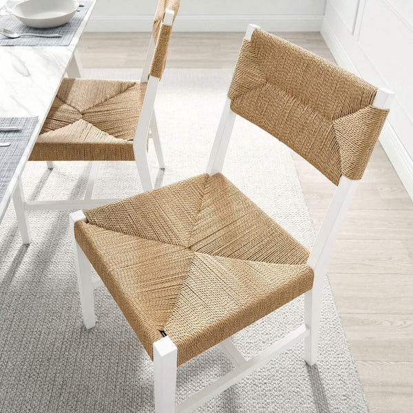 Modway Furniture Bodie Elm Wood Dining Chairs with Woven Paper Rope Seats for Farmhouse Tables Set White EEI-7899-WHI-NAT