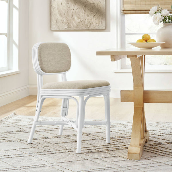 Modway Furniture Bahari Woven Rattan Upholstered Dining Chair Bohemian Coastal Armless Seat White EEI-7901-WHI-LBE