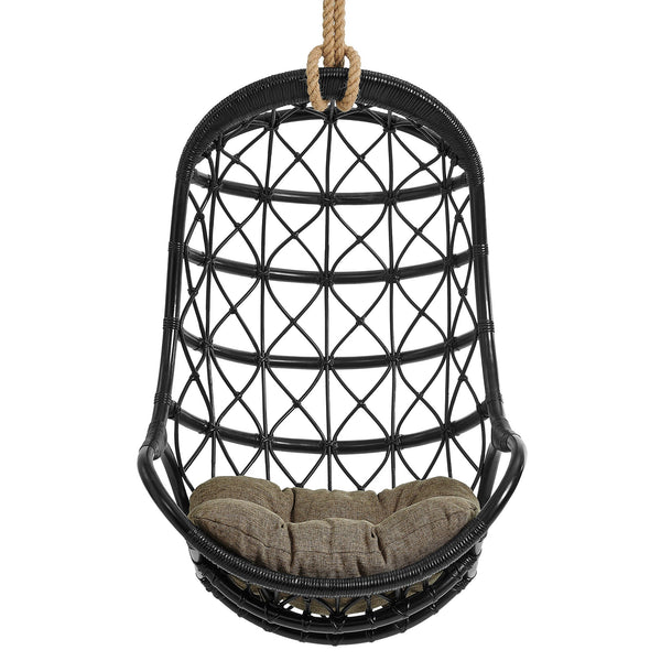 Modway Furniture Tamarind Natural Rattan Basket Hanging Chair with Tufted Cushion for Bohemian Interiors Black EEI-7902-BLK-TAN