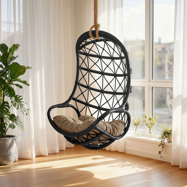 Modway Furniture Tamarind Natural Rattan Basket Hanging Chair with Tufted Cushion for Bohemian Interiors Black EEI-7902-BLK-TAN