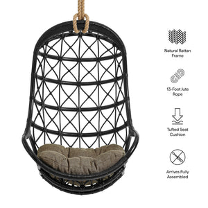 Modway Furniture Tamarind Natural Rattan Basket Hanging Chair with Tufted Cushion for Bohemian Interiors Black EEI-7902-BLK-TAN