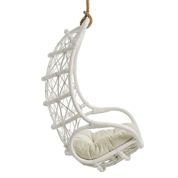 Modway Furniture Tamarind Natural Rattan Basket Hanging Chair with Tufted Cushion for Bohemian Interiors White EEI-7902-WHI-LBE