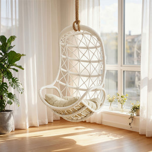 Modway Furniture Tamarind Natural Rattan Basket Hanging Chair with Tufted Cushion for Bohemian Interiors White EEI-7902-WHI-LBE