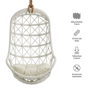 Modway Furniture Tamarind Natural Rattan Basket Hanging Chair with Tufted Cushion for Bohemian Interiors White EEI-7902-WHI-LBE