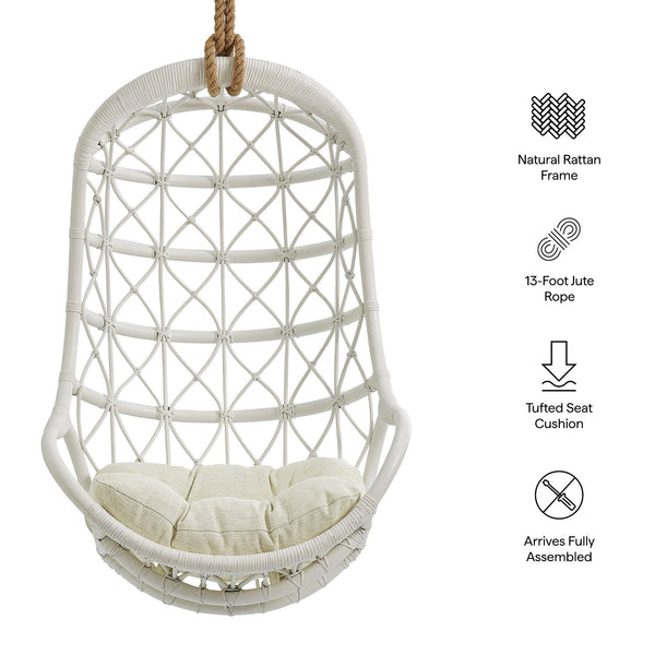 Modway Furniture Tamarind Natural Rattan Basket Hanging Chair with Tufted Cushion for Bohemian Interiors White EEI-7902-WHI-LBE