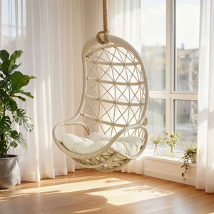 Modway Furniture Tamarind Natural Rattan Basket Hanging Chair with Tufted Cushion for Bohemian Interiors Brown EEI-7903-LTA-WHI