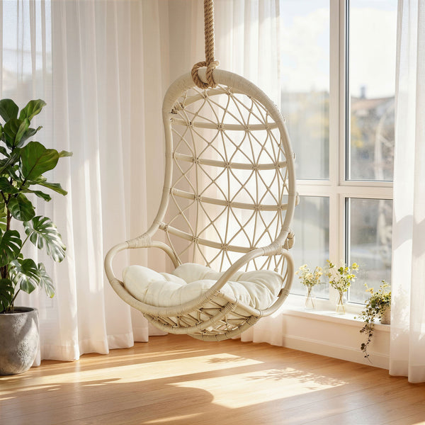 Modway Furniture Tamarind Natural Rattan Basket Hanging Chair with Tufted Cushion for Bohemian Interiors Brown EEI-7903-LTA-WHI