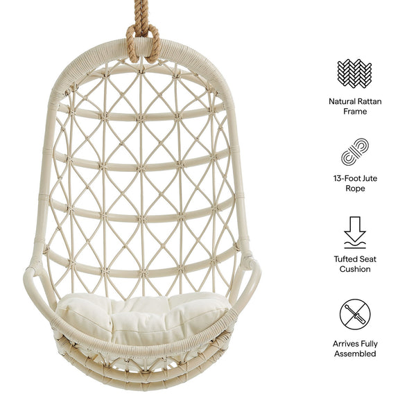 Modway Furniture Tamarind Natural Rattan Basket Hanging Chair with Tufted Cushion for Bohemian Interiors Brown EEI-7903-LTA-WHI