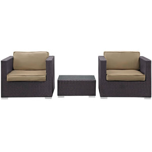 Modway Furniture Burrow 3 Piece Outdoor Patio Sofa Set - Modern Rattan Lounge for Cozy Gatherings and Dining Espresso Mocha EEI-995-EXP-MOC-SET