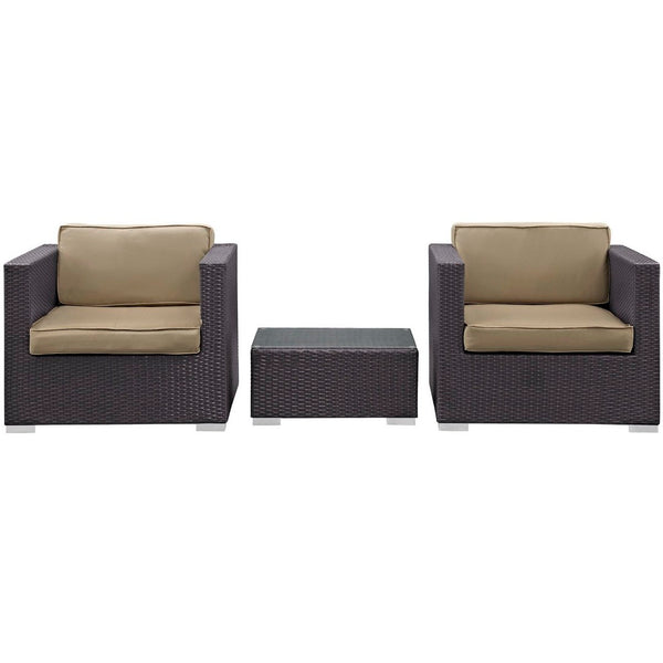 Modway Furniture Burrow 3 Piece Outdoor Patio Sofa Set - Modern Rattan Lounge for Cozy Gatherings and Dining Espresso Mocha EEI-995-EXP-MOC-SET