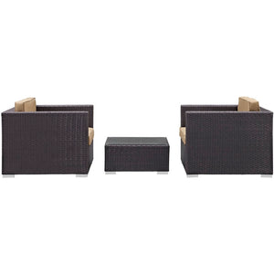 Modway Furniture Burrow 3 Piece Outdoor Patio Sofa Set - Modern Rattan Lounge for Cozy Gatherings and Dining Espresso Mocha EEI-995-EXP-MOC-SET