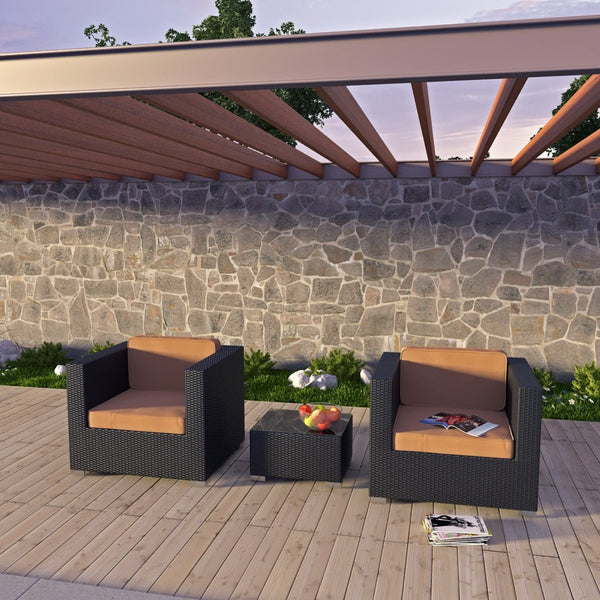 Modway Furniture Burrow 3 Piece Outdoor Patio Sofa Set - Modern Rattan Lounge for Cozy Gatherings and Dining Espresso Mocha EEI-995-EXP-MOC-SET