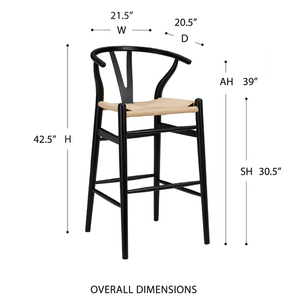 Evelina Mid-century Bar Stool with Handwoven Rush Seat and Solid Wood Frame for Dining Areas