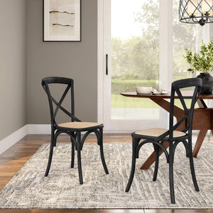 Neyo Geometric Solid Wood Dining Chair with Woven Rattan Seat Stain Resistant Set