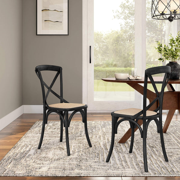 Neyo Geometric Solid Wood Dining Chair with Woven Rattan Seat Stain Resistant Set