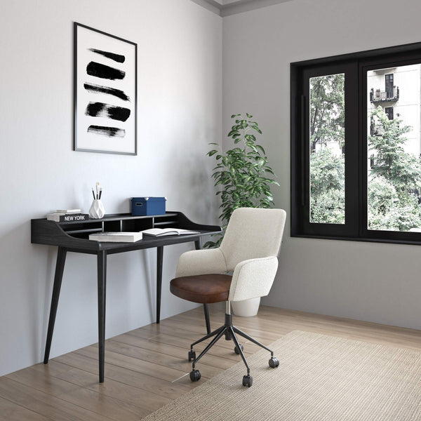 Flavio Writing Desk with Six Open Shelves and Solid Wood Legs for Home Office Storage