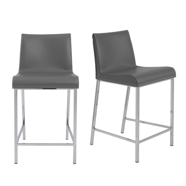 EE Test Vendor Cam Real Leather Stools with Polished Steel Legs Elegant Modern Seating Pair Gray EETEST-15202GRY