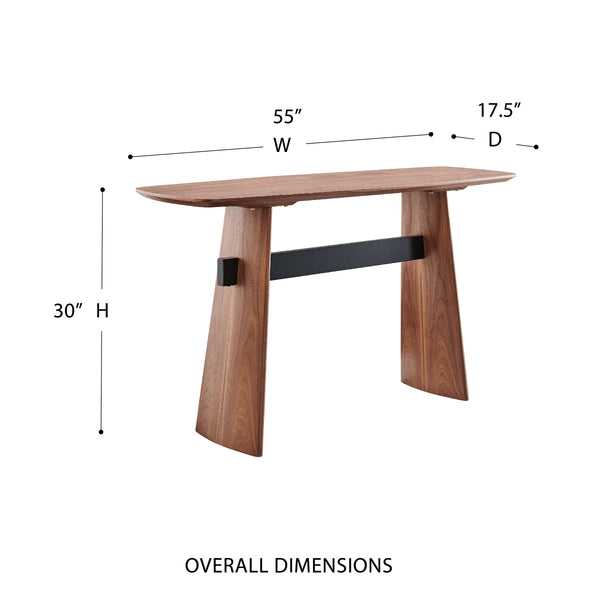 Folke American Walnut Veneer Console Table with Sleek Metal Crossbar Support