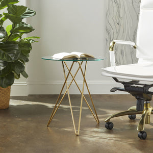 Zoey Round Tempered Glass End Table with Brushed Gold Steel Legs for Living Room