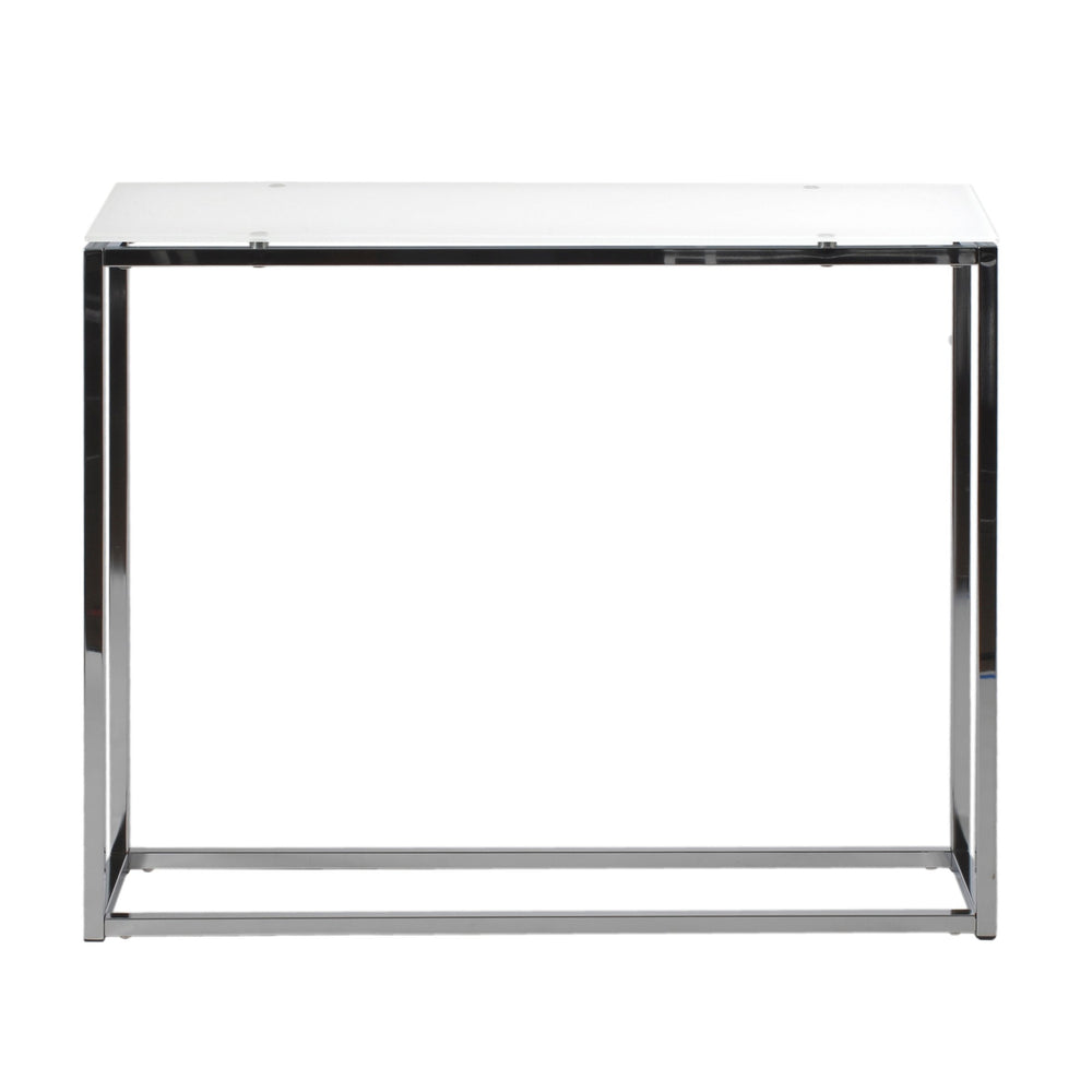 EE Test Vendor Sandor 36 Inch Console Table with Floating Glass Top and Geometric Chrome Steel Base Modern Style White/Chrome EETEST-28033PUREWHT