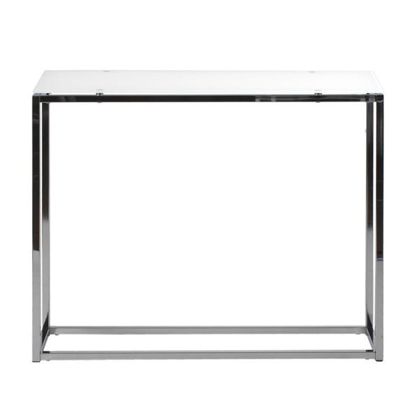 EE Test Vendor Sandor 36 Inch Console Table with Floating Glass Top and Geometric Chrome Steel Base Modern Style White/Chrome EETEST-28033PUREWHT