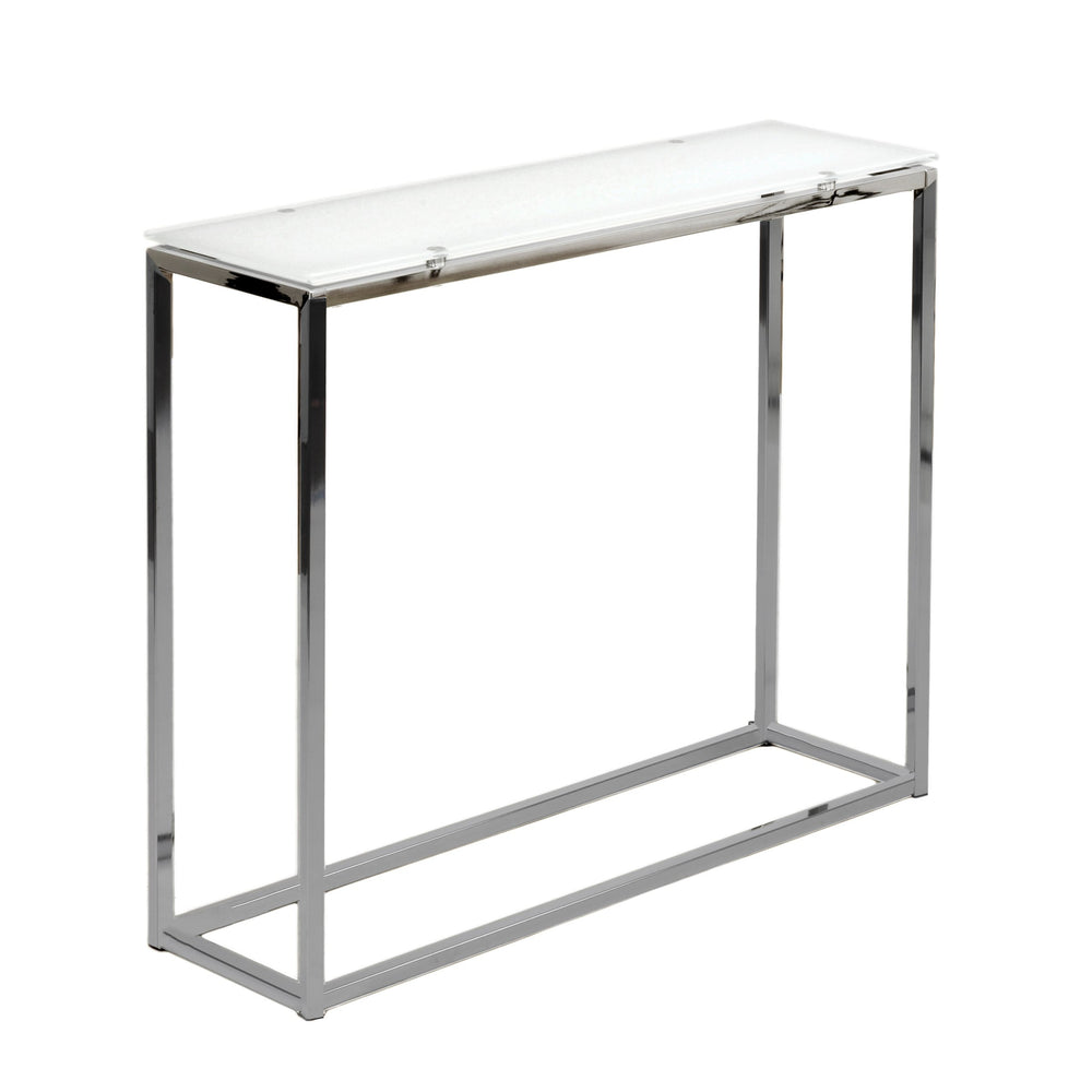 EE Test Vendor Sandor 36 Inch Console Table with Floating Glass Top and Geometric Chrome Steel Base Modern Style White/Chrome EETEST-28033PUREWHT