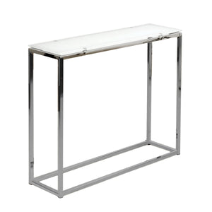 Sandor 36 Inch Console Table with Floating Glass Top and Geometric Chrome Steel Base Modern Style