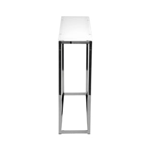 Sandor 36 Inch Console Table with Floating Glass Top and Geometric Chrome Steel Base Modern Style