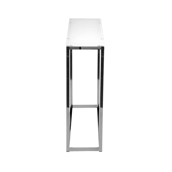 Sandor 36 Inch Console Table with Floating Glass Top and Geometric Chrome Steel Base Modern Style