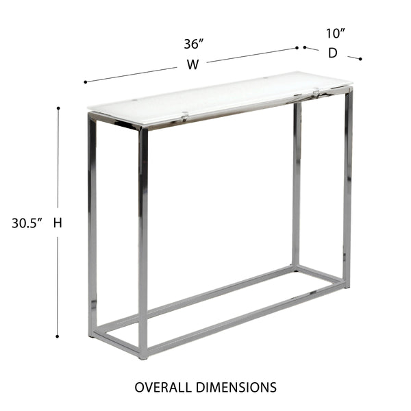 Sandor 36 Inch Console Table with Floating Glass Top and Geometric Chrome Steel Base Modern Style