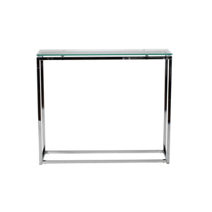Sandor 36 Inch Console Table with Floating Glass Top and Geometric Chrome Steel Base Modern Style