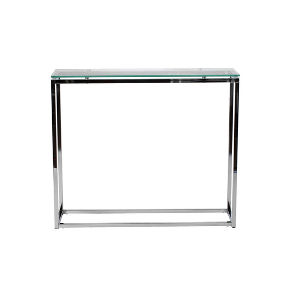 Sandor 36 Inch Console Table with Floating Glass Top and Geometric Chrome Steel Base Modern Style