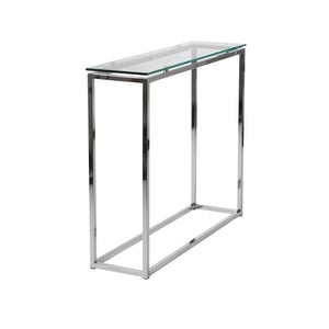 Sandor 36 Inch Console Table with Floating Glass Top and Geometric Chrome Steel Base Modern Style