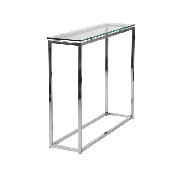 Sandor 36 Inch Console Table with Floating Glass Top and Geometric Chrome Steel Base Modern Style