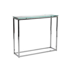 Sandor 36 Inch Console Table with Floating Glass Top and Geometric Chrome Steel Base Modern Style
