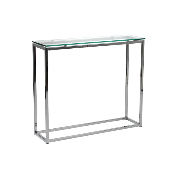Sandor 36 Inch Console Table with Floating Glass Top and Geometric Chrome Steel Base Modern Style