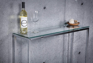 Sandor 36 Inch Console Table with Floating Glass Top and Geometric Chrome Steel Base Modern Style