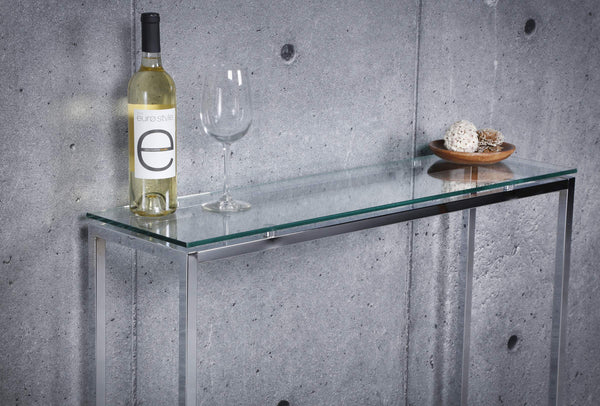 Sandor 36 Inch Console Table with Floating Glass Top and Geometric Chrome Steel Base Modern Style