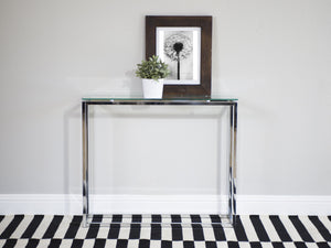 Sandor 36 Inch Console Table with Floating Glass Top and Geometric Chrome Steel Base Modern Style