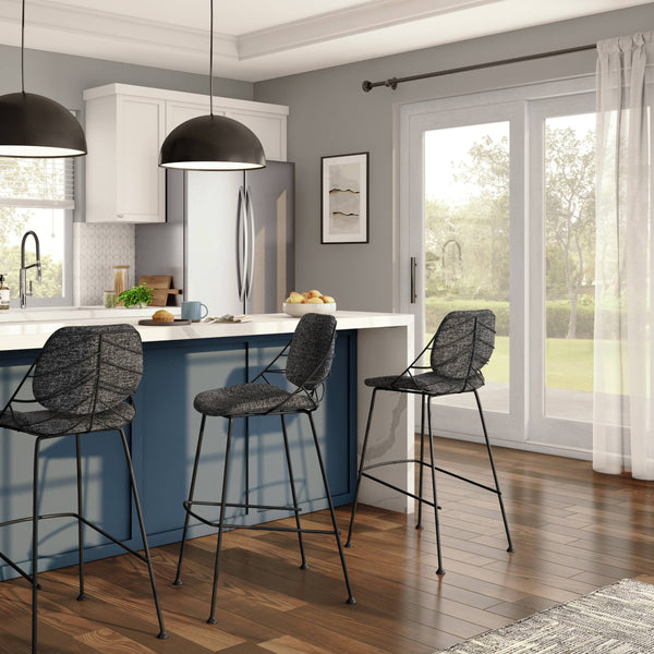 Linnea Art Deco Fabric Barstools with Steel Legs and Leaf Back Design for Kitchen Set of 2