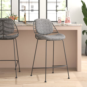 Linnea Art Deco Fabric Barstools with Steel Legs and Leaf Back Design for Kitchen Set of 2