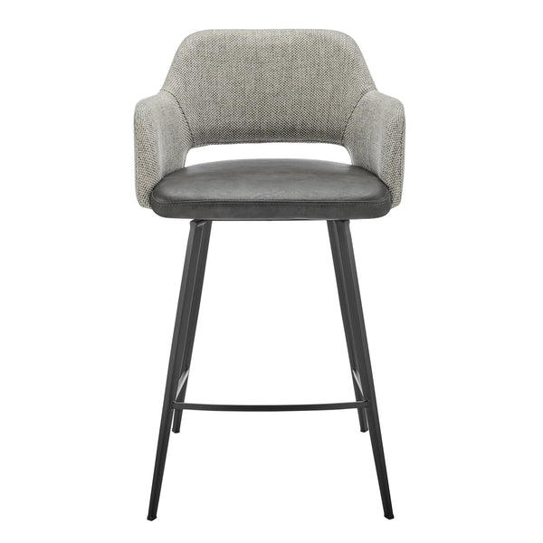 Desi Swivel Counter Stool Leatherette Seat Fabric Back Matte Black Steel Base for Kitchen Bar