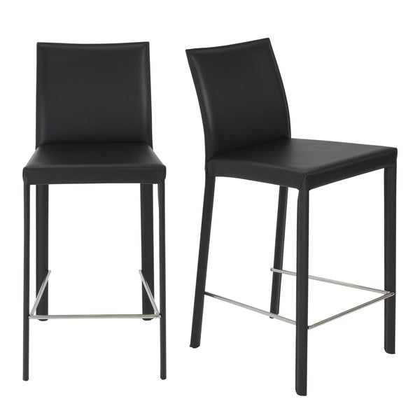 EE Test Vendor Hasina Leather Upholstered Counter Stool Set Curved Back Polished Footrest Modern Kitchen Bar Black EETEST-38626BLK