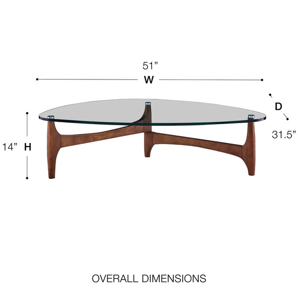 Ledell Modern Coffee Table with Clear Glass Top and Warm Walnut Wood Base