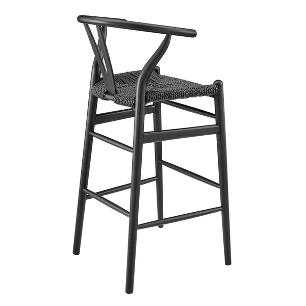 Evelina Outdoor Bar Stool Rattan Rope Woven Seat Solid Wood Frame Mid-century Style