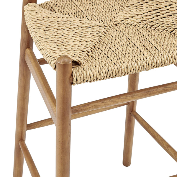Evelina Outdoor Bar Stool Rattan Rope Woven Seat Solid Wood Frame Mid-century Style