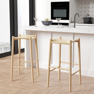 Evelina Backless Counter Stool Solid Wood Frame Rush Seat Artisan Crafted Elegance