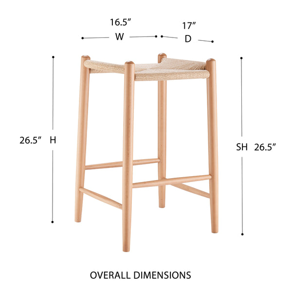 Evelina Backless Counter Stool Solid Wood Frame Rush Seat Artisan Crafted Elegance