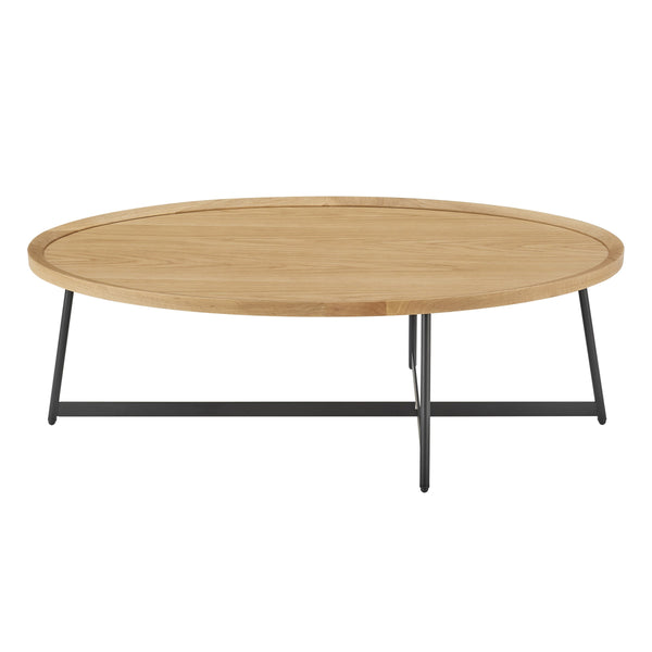 Niklaus 47 Inch Oval Veneer Coffee Table with Sleek Steel Base for Modern Living Rooms